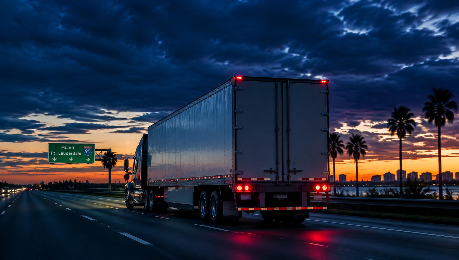 Semi truck hauling freight on a Miami highway at dusk